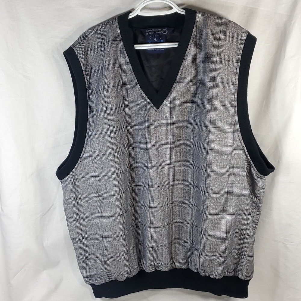 Golf Vest Mens XL Plaid Black/White Classic Pullover SUNDERLAND OF SCOTLAND